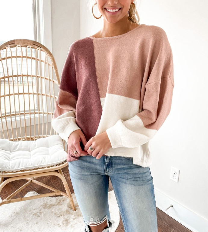 Pull en Patchwork Manches Longues Nouer Dos