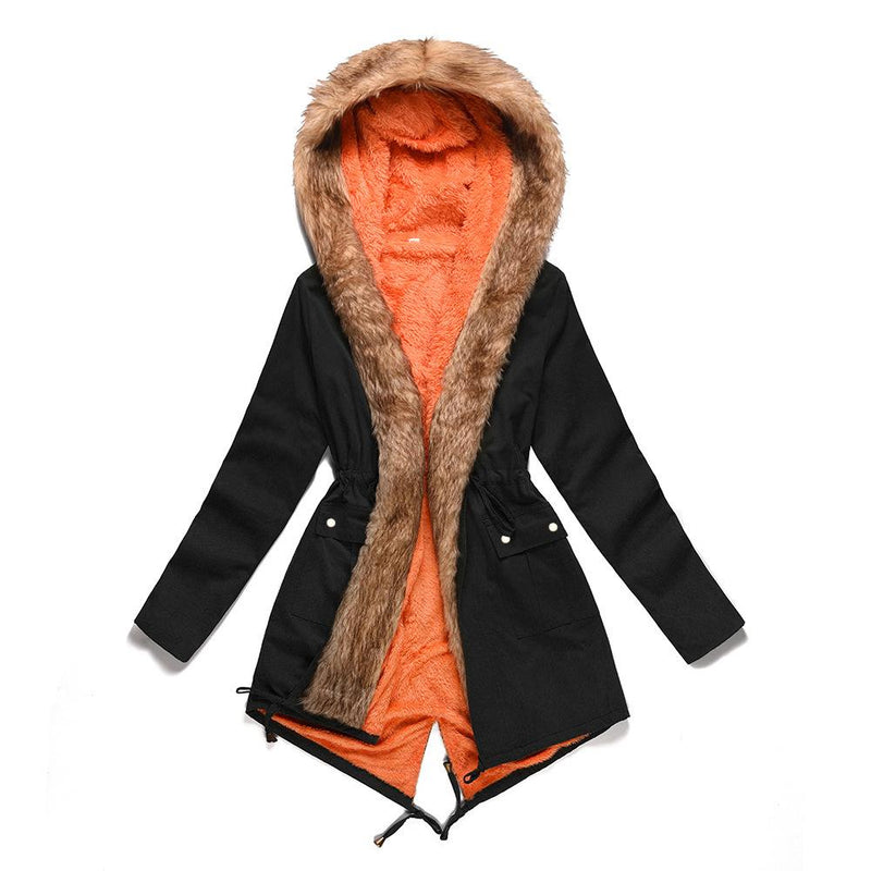 Manteau Long Capuche Col en Fausse Fourrure