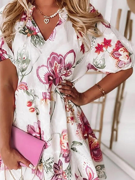 Robe Décontractée Manches Courtes Col V Floral