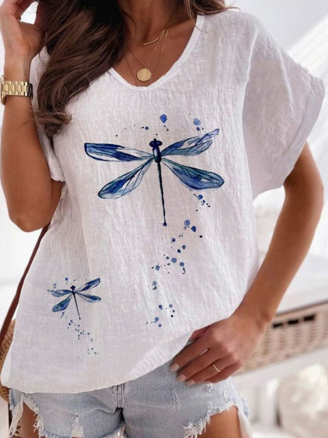 Women's T-Shirts Dragonfly Print V-Neck Short Sleeve Casual T-Shirt