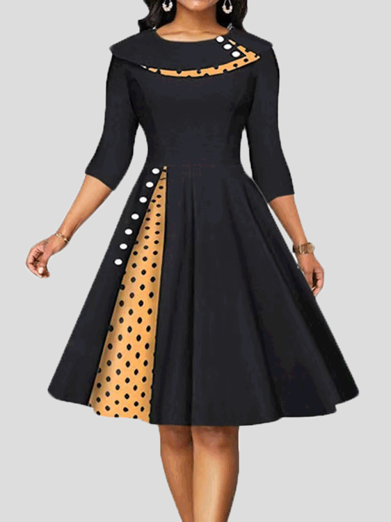 Robe Décontractée Vintage à Pois et Manches Mi-Longues