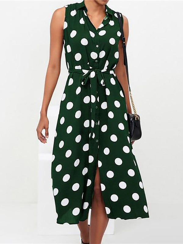 Robe Midi Sans Manches Lacets Imprimé à Pois