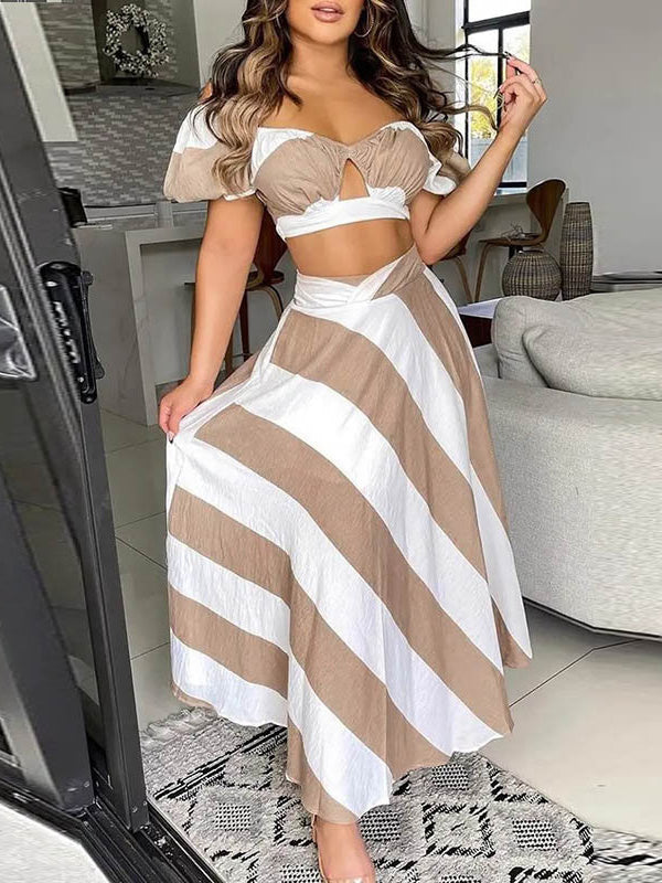 Women's Sets Striped Crop Hollow Top & Skirt Two-Piece Set