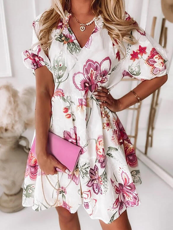 Robe Décontractée Manches Courtes Col V Floral