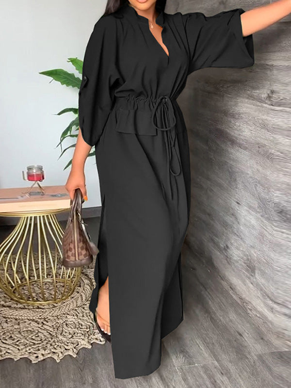 Women's Dresses Casual Solid Tie Long Sleeve Slit Dress