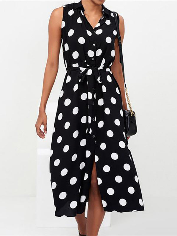 Robe Midi Sans Manches Lacets Imprimé à Pois