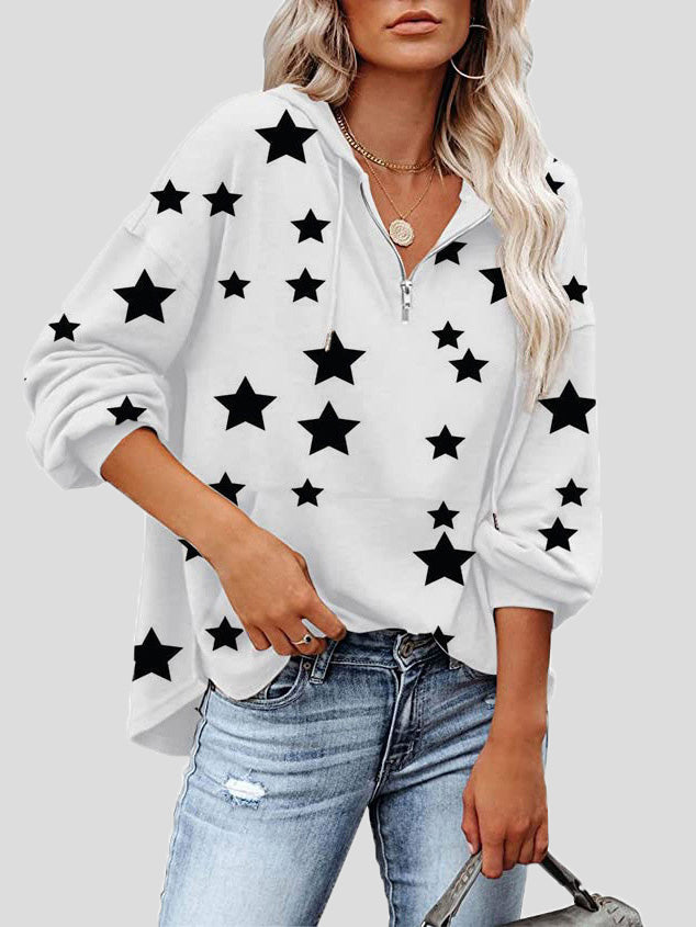 Women's Hoodies Zip Star Print Pocket Long-Sleeve Hoody