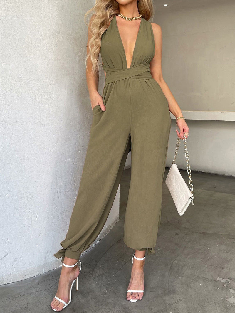 Women's Jumpsuits Casual Deep V Backless Pocket Jumpsuit