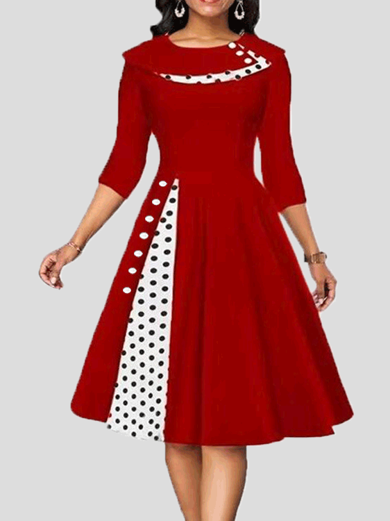 Robe Décontractée Vintage à Pois et Manches Mi-Longues