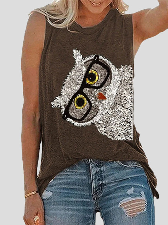 Women's Tank Tops Owl Print Crew Neck Sleeveless Tank Top