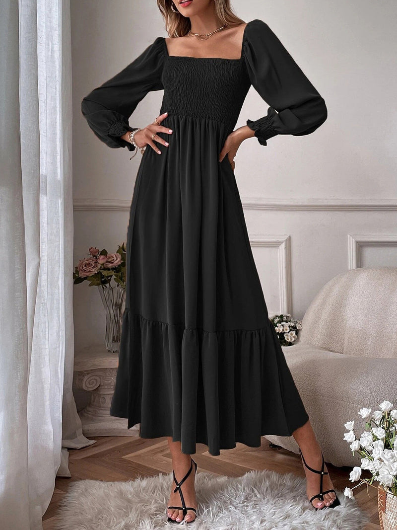 Women's Dresses Square Neck High Waist Long Sleeve Ruffle Dress