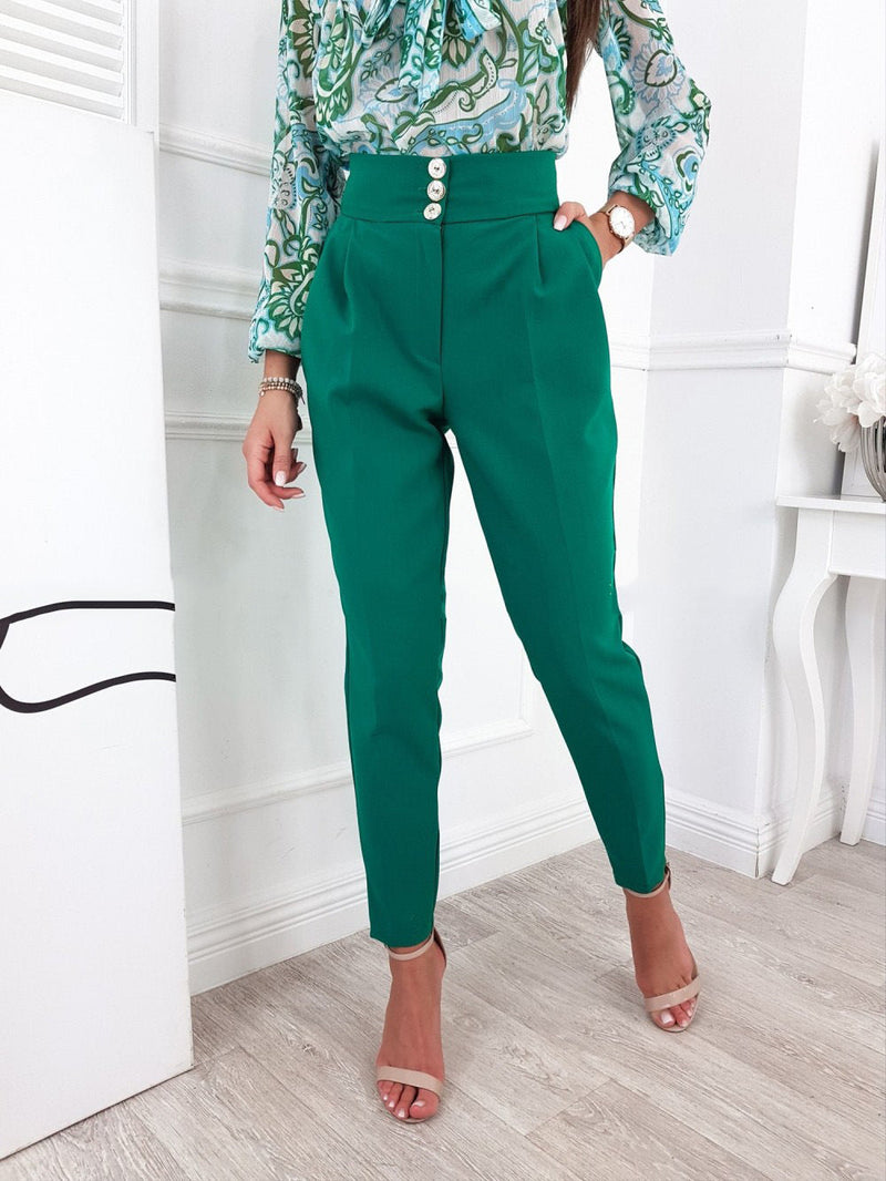 Women's Pants Solid Button High Waist Pocket Slim Skinny Pants