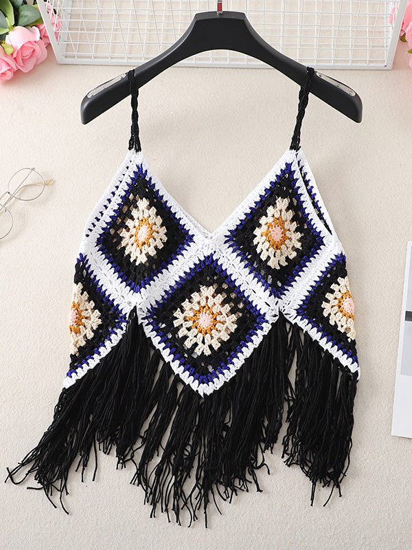 Women's Tank Tops Boho Fringed Suspender Cutout Knit Tank Top