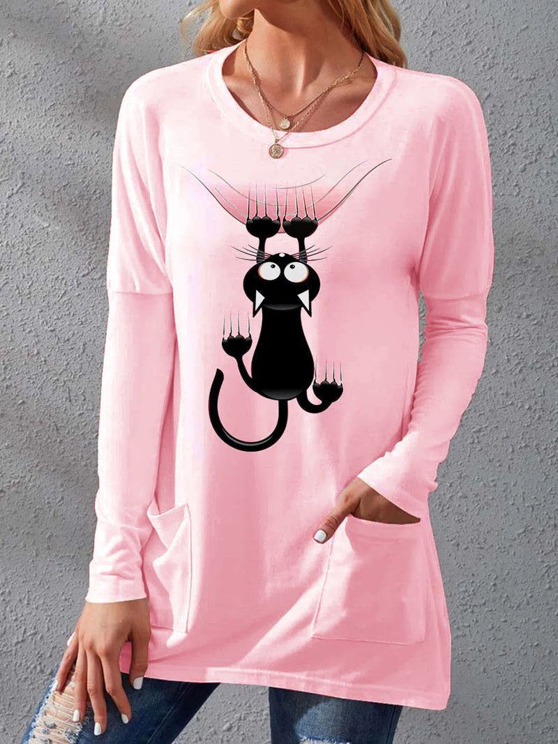 Women's T-Shirts Cat Print Crew Neck Pocket Long Sleeve T-Shirts