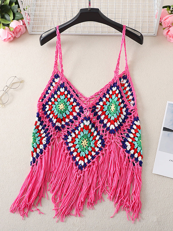 Women's Tank Tops Boho Fringed Suspender Cutout Knit Tank Top