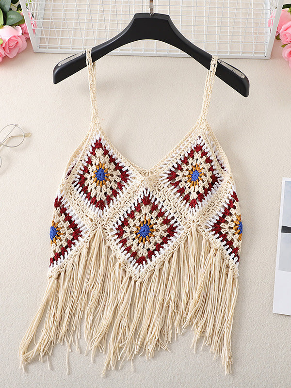 Women's Tank Tops Boho Fringed Suspender Cutout Knit Tank Top