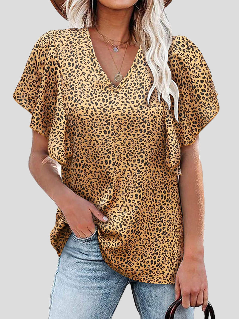 Women's T-Shirts V-Neck Leopard Print Short Sleeve T-Shirt