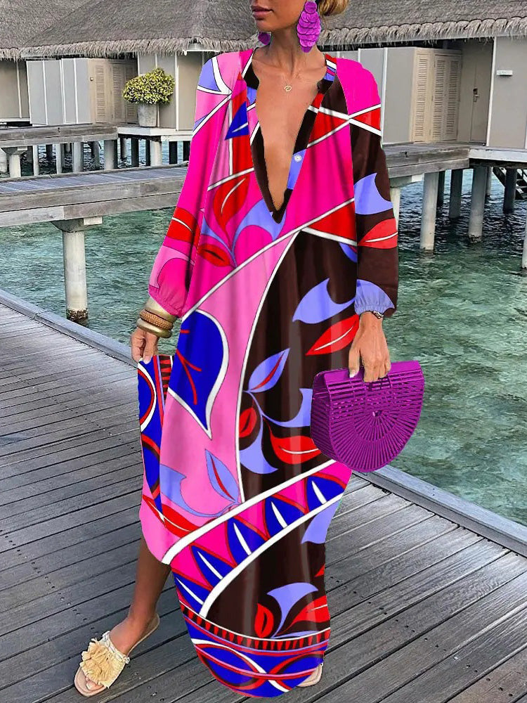 Women's Dresses Loose V-Neck Long Sleeve Print Dress