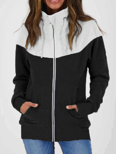 Pull Capuche Manches Longues Col Roulé avec Poches et Fermeture