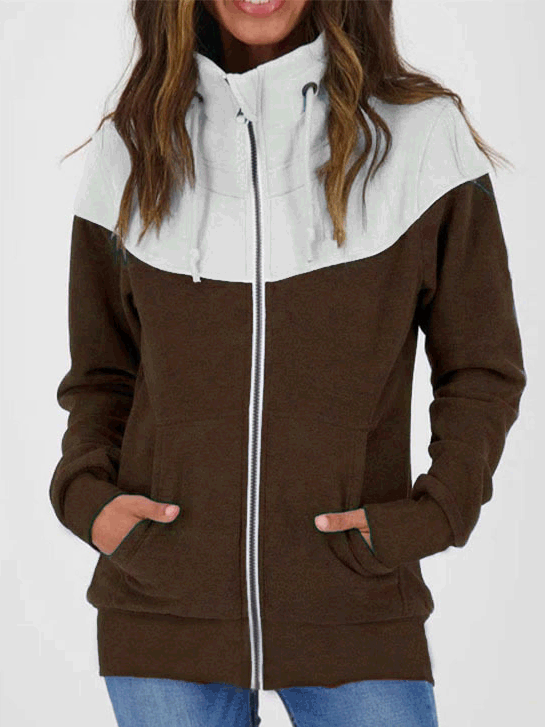 Pull Capuche Manches Longues Col Roulé avec Poches et Fermeture