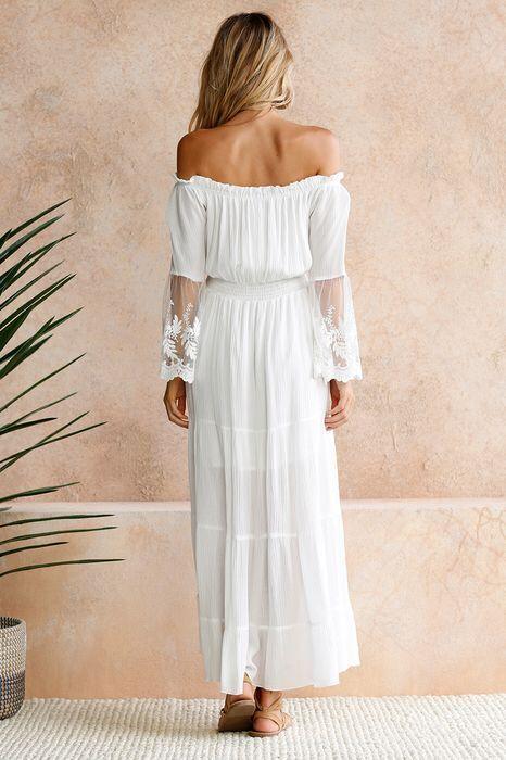 Robe Maxi Épaules Dénudées Taille Élastique Manches en Dentelle