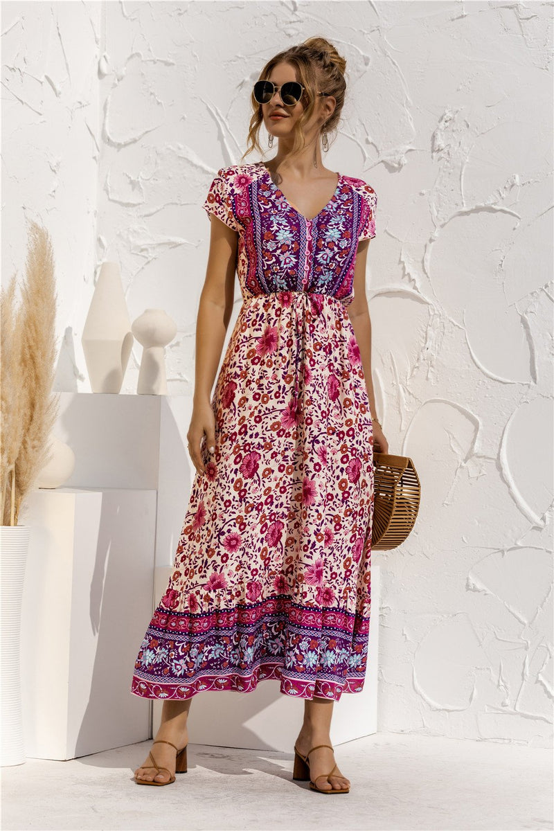 Robe Maxi Floral Manches Courtes Col en V