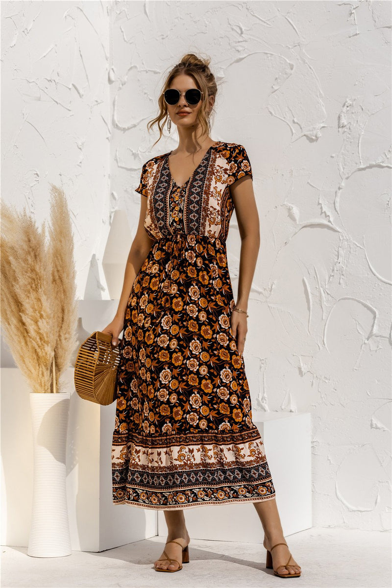 Robe Maxi Floral Manches Courtes Col en V