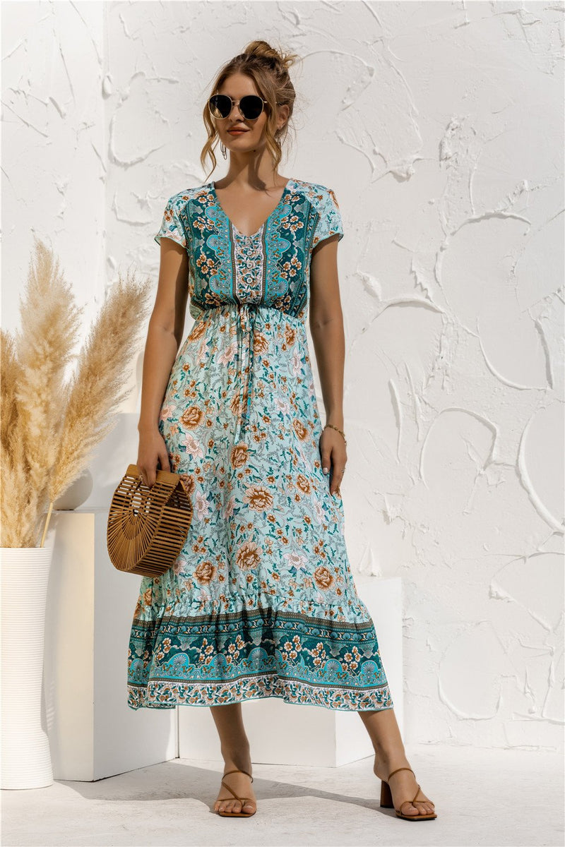 Robe Maxi Floral Manches Courtes Col en V