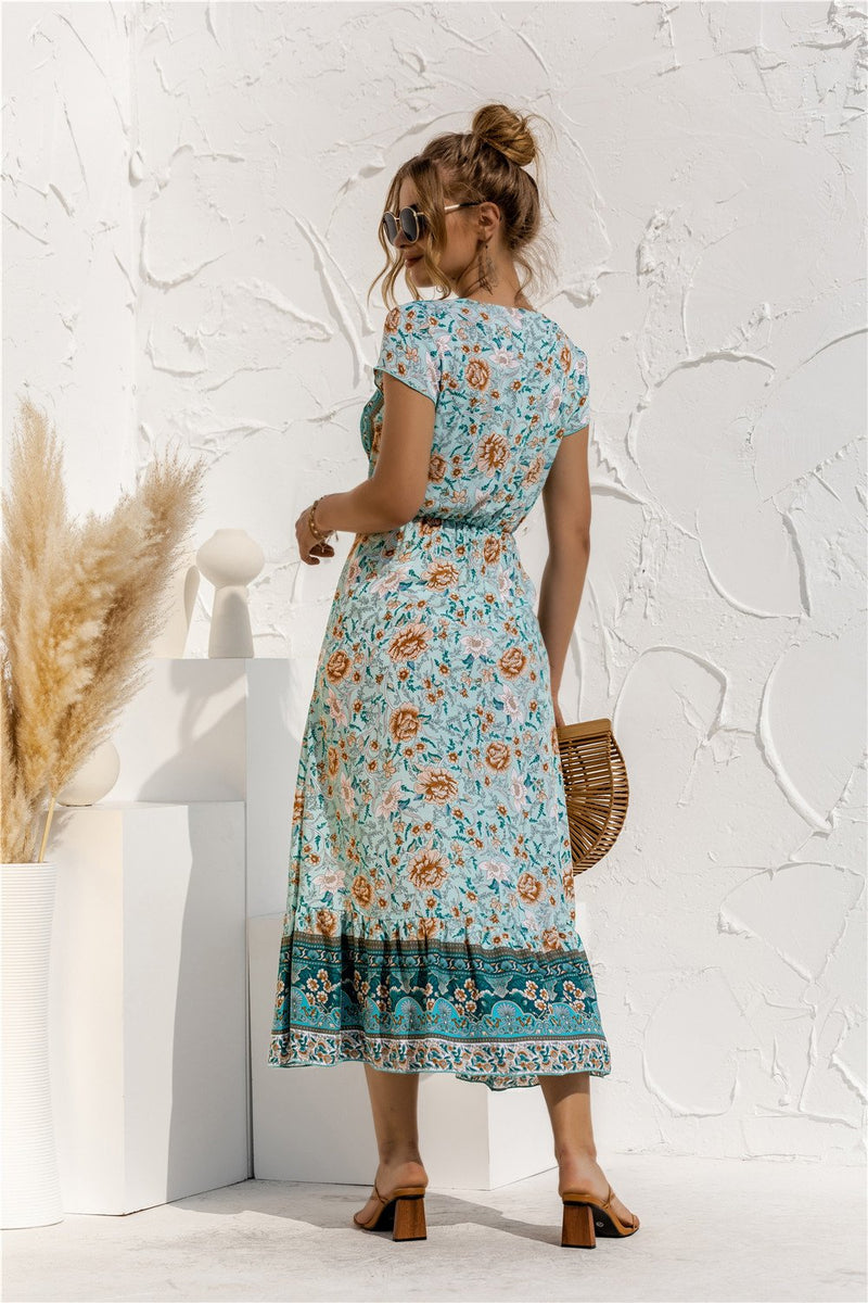 Robe Maxi Floral Manches Courtes Col en V