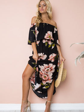 Robe Longue à Manches Courtes Imprimée Florale