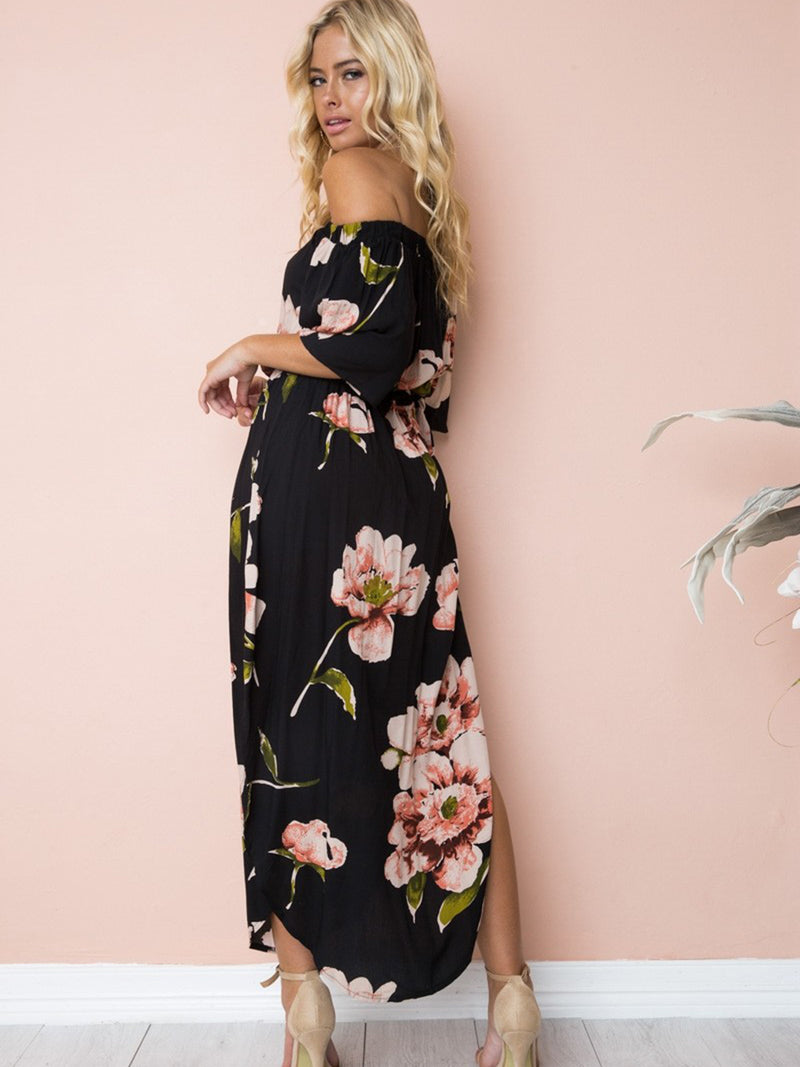 Robe Longue à Manches Courtes Imprimée Florale