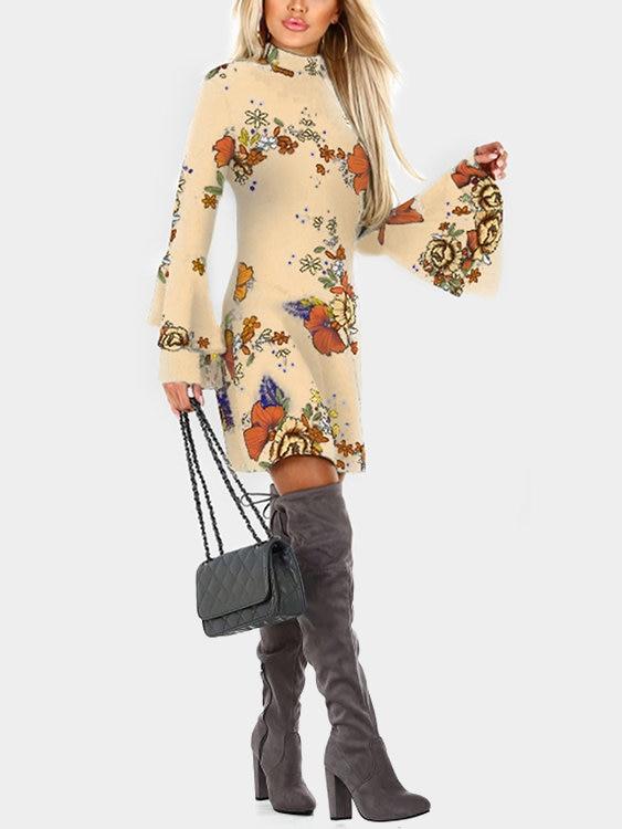 Random Floral Print Perkins Collar Flared Sleeves Mini Dress