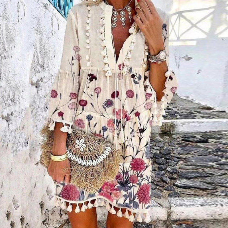 Robe Plissée Floral Col V Style Vacances Romantiques