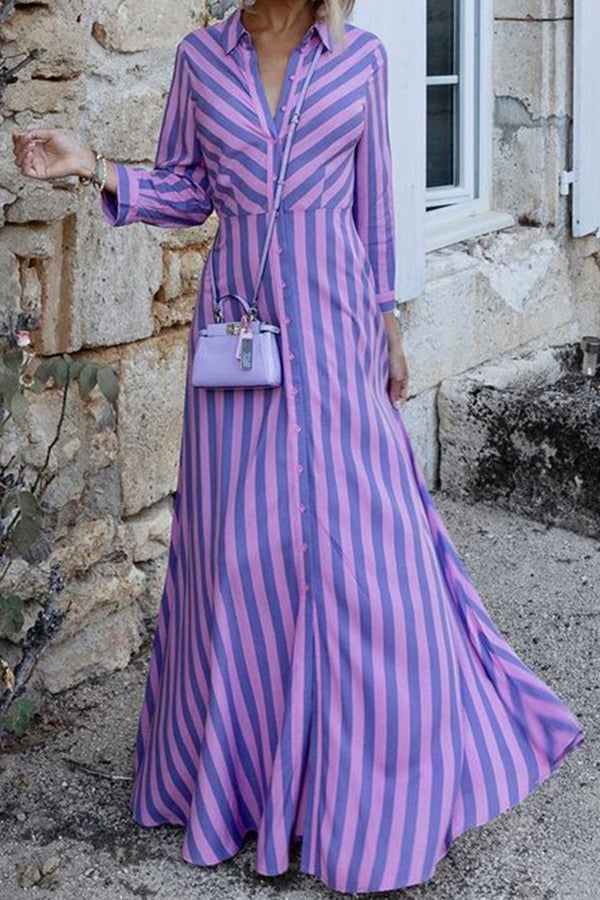 Hard To Catch Stripe Print Shirt Maxi Dress