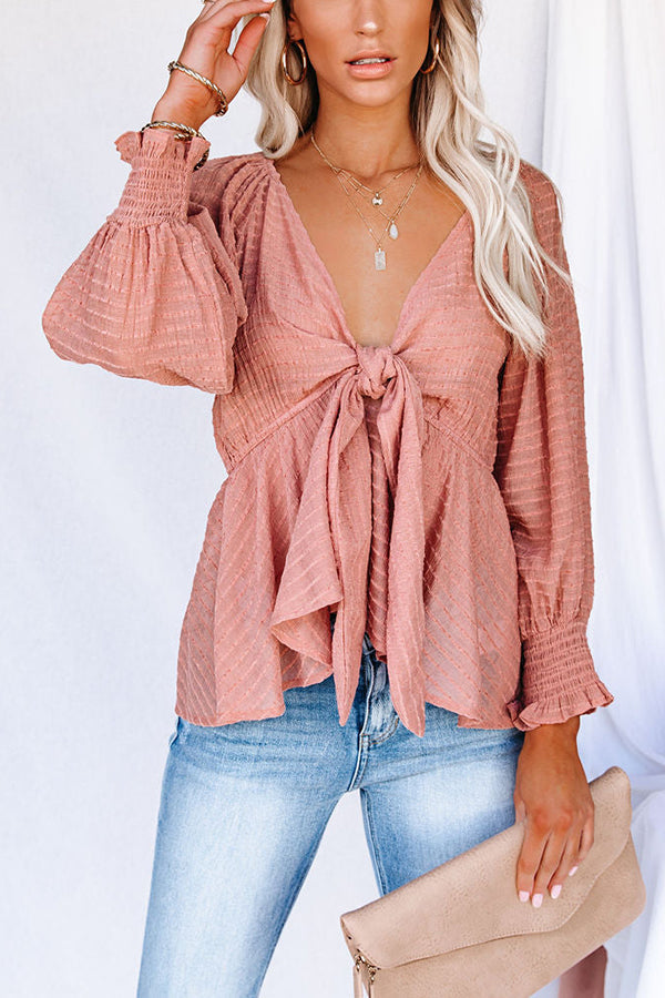 Textured Tie Front Peplum Top