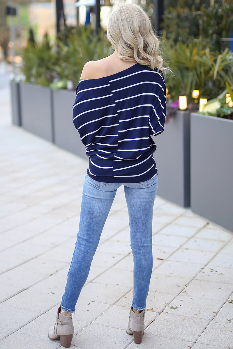 T-shirt à Rayures et Epaule Dénudée Manches Longues Bleu