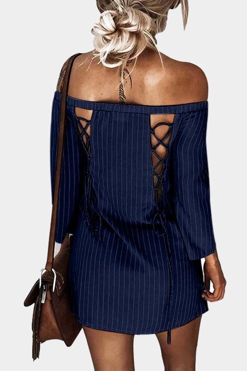 Sexy Off Shoulder Lace Up Stripe Patern Mini