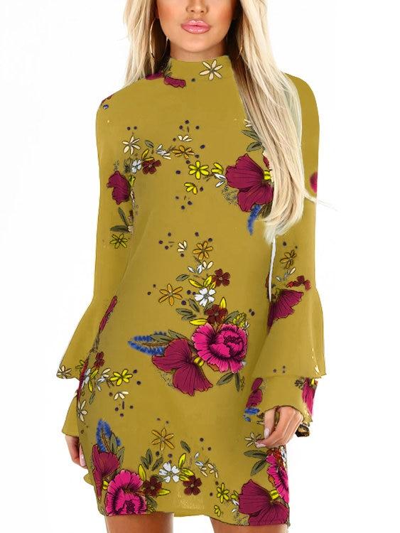 Random Floral Print Perkins Collar Flared Sleeves Mini Dress