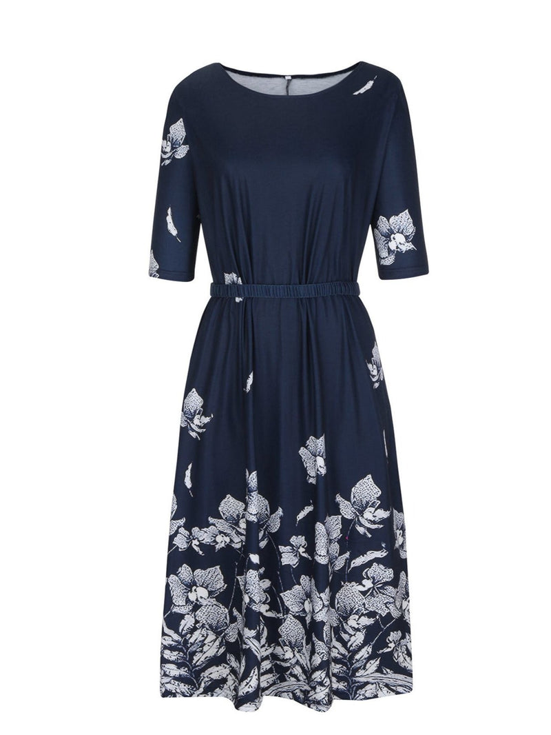 Robe Mi-Longue Décontractée Imprimé Floral Col Rond