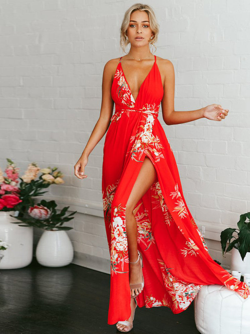 Robe à Dos Nu Imprimé Floral Ourlet Fendu Rouge