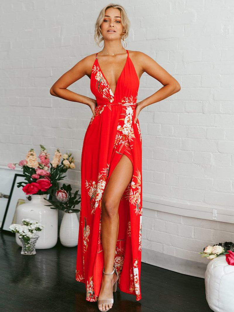 Robe à Dos Nu Imprimé Floral Ourlet Fendu Rouge