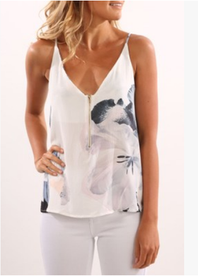 White Zipper Front Random Floral Print Cami Top