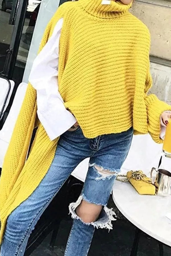 Landyn Fashion Pure Color High Neck Irregular Sweater