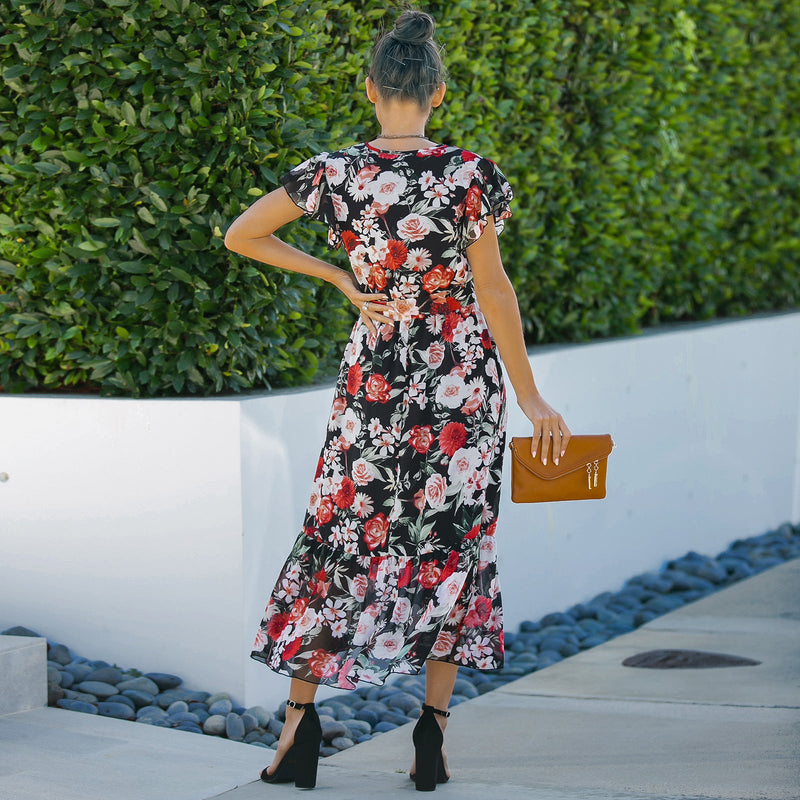 Robe Maxi Florale Ample à Manches Courtes et Col en V