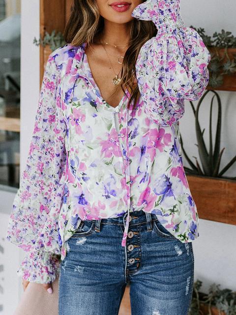 Tops Manches Longues Col V Imprimé Floral Boho