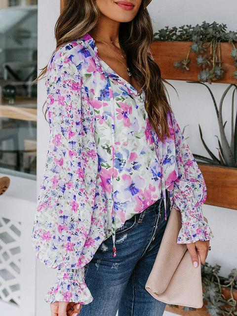 Tops Manches Longues Col V Imprimé Floral Boho