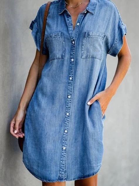 Mini Robe Chemise Denim Boutonnée Manches Courtes