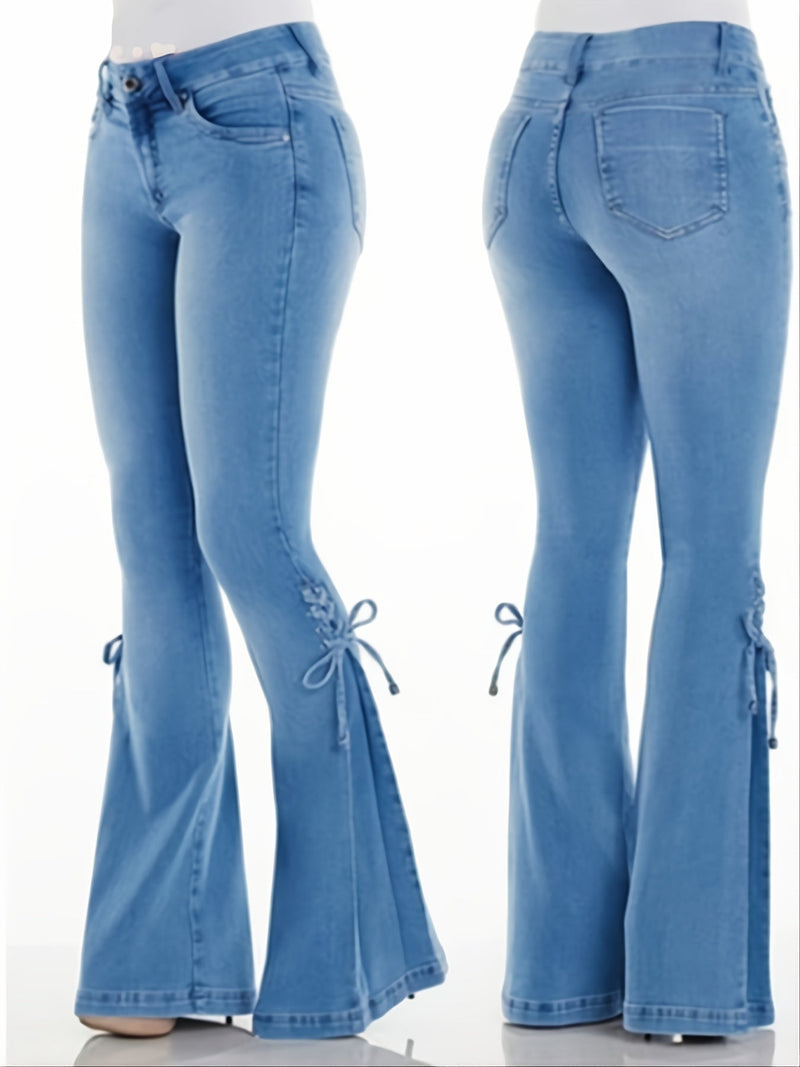 Stretchy Lace Up Side Bell-Bottom Denim Jean Pants