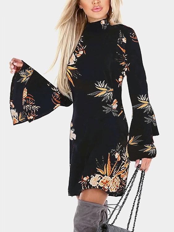 Random Floral Print Perkins Collar Flared Sleeves Mini Dress