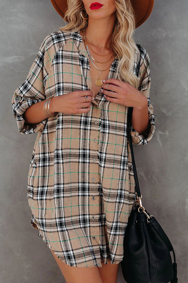 Malia Pocketed Plaid Button Down Tunic Mini Dress